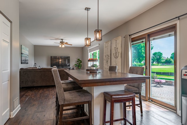 9890 Riverside Dr, Huntley, IL 60142 - dining area with dark wood-style floors and a ceiling fan