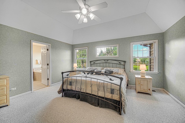 541 Clover Dr, Algonquin, IL 60102 - carpeted bedroom featuring lofted ceiling, ceiling fan, and ensuite bath