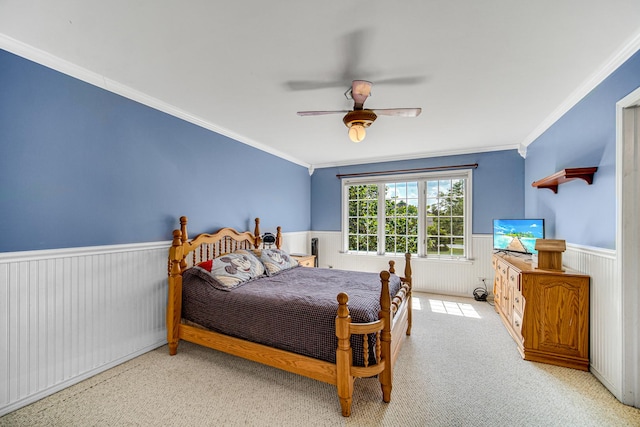 541 Clover Dr, Algonquin, IL 60102 - bedroom featuring wainscoting, ornamental molding, light carpet, and ceiling fan