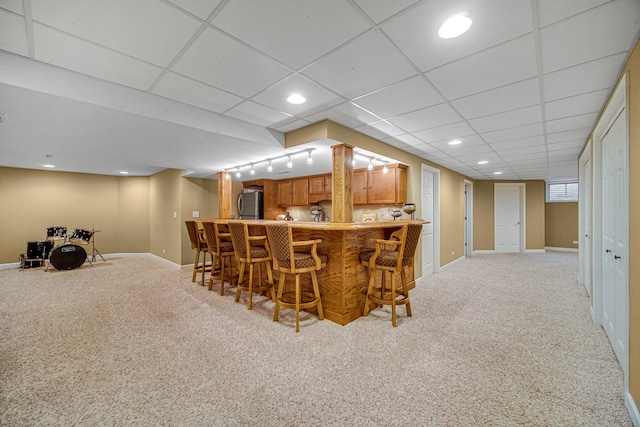 541 Clover Dr, Algonquin, IL 60102 - indoor bar with freestanding refrigerator, light colored carpet, a paneled ceiling, and recessed lighting