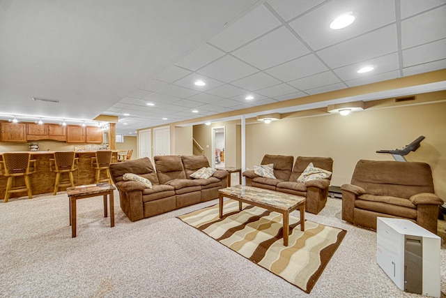 541 Clover Dr, Algonquin, IL 60102 - living room featuring light carpet, bar area, recessed lighting, and stairs