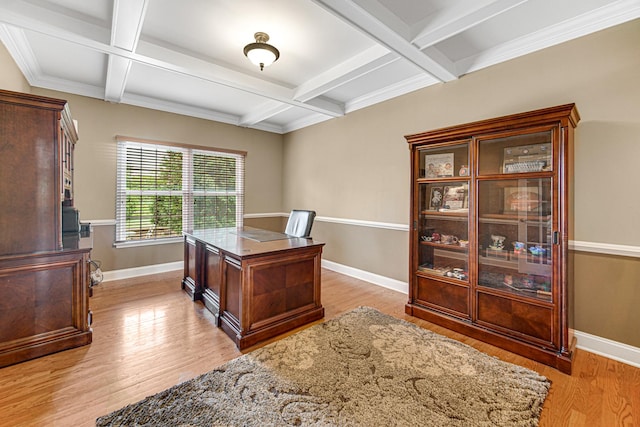 541 Clover Dr, Algonquin, IL 60102 - office featuring coffered ceiling, light wood-style flooring, and beamed ceiling