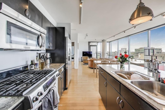 860 W Blackhawk St Unit 805, Chicago, IL 60642 - kitchen with stainless steel appliances, track lighting, light wood-style floors, light countertops, and open floor plan