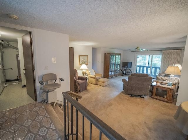 8125 Willow Dr Unit C, Palos Hills, IL 60465 - living room featuring carpet flooring, a textured ceiling, and ceiling fan