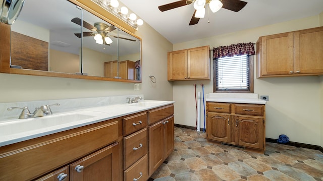 18521 Anderson Rd, Prophetstown, IL 61277 - bathroom featuring a ceiling fan and double vanity
