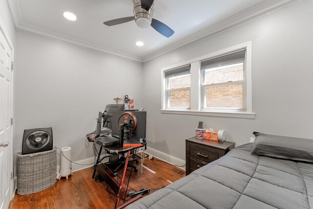 2610 N Major Ave, Chicago, IL 60639 - bedroom featuring wood finished floors, ornamental molding, recessed lighting, and a ceiling fan