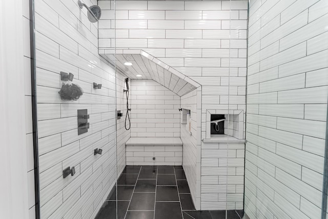 2610 N Major Ave, Chicago, IL 60639 - bathroom featuring a tile shower, tile walls, and tile patterned flooring