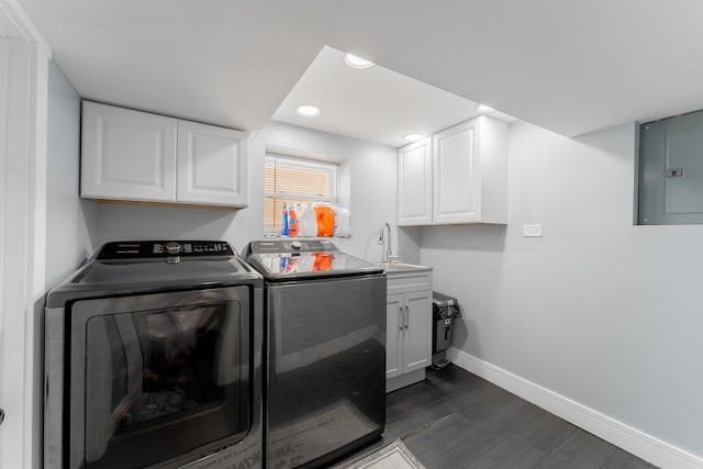2610 N Major Ave, Chicago, IL 60639 - laundry room with washing machine and clothes dryer, cabinet space, dark wood-style floors, electric panel, and recessed lighting