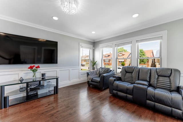 2610 N Major Ave, Chicago, IL 60639 - living room featuring crown molding, recessed lighting, wood finished floors, a chandelier, and a wainscoted wall