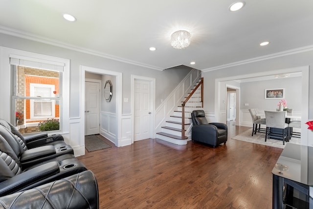 2610 N Major Ave, Chicago, IL 60639 - living area with stairs, crown molding, recessed lighting, dark wood-style floors, and wainscoting