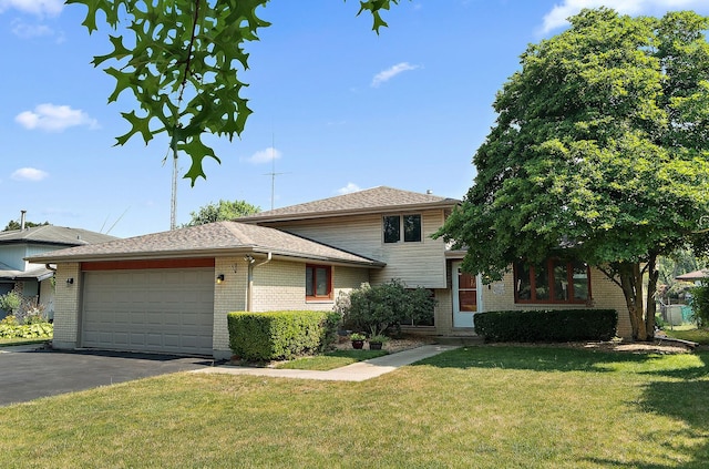 5551 143rd St, Midlothian, IL 60445 - split level home featuring brick siding, an attached garage, a front lawn, driveway, and roof with shingles