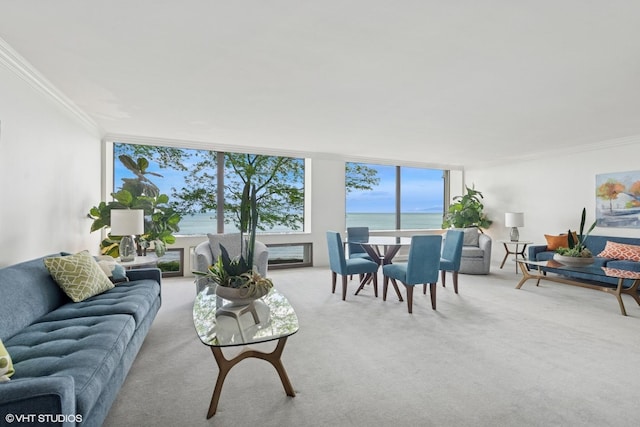 1500 Sheridan Rd Unit 7G, Wilmette, IL 60091 - living room featuring crown molding, floor to ceiling windows, light colored carpet, and a water view