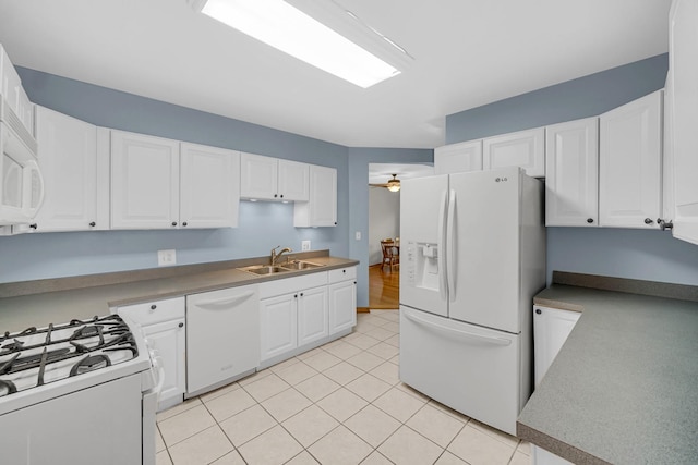 10911 S Longwood Dr Unit 2, Chicago, IL 60643 - kitchen with white appliances, white cabinets, light tile patterned flooring, and ceiling fan