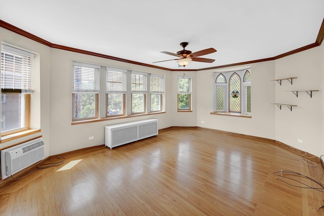 10911 S Longwood Dr Unit 2, Chicago, IL 60643 - unfurnished living room with radiator, wood finished floors, ornamental molding, ceiling fan, and a wall unit AC