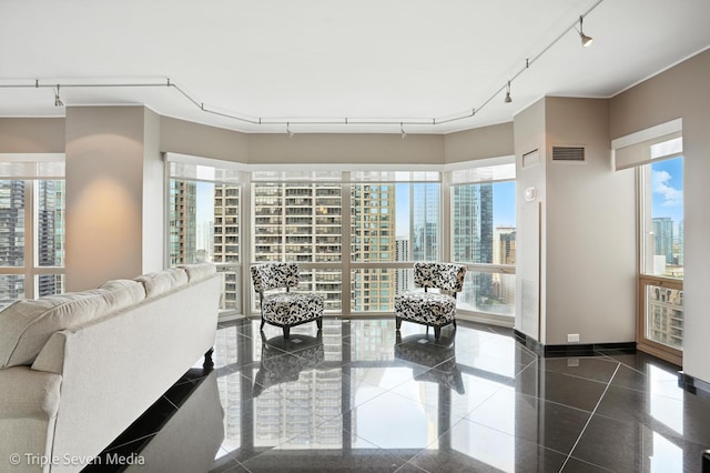 100 E Huron St Unit 2301, Chicago, IL 60611 - living area with track lighting, granite floors, and a city view