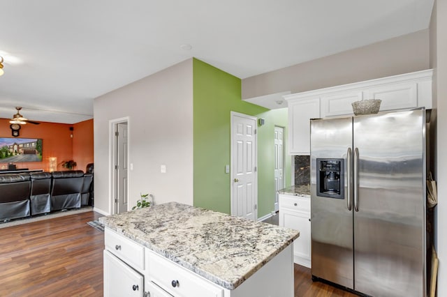 22600 W Reserve Cir, Plainfield, IL 60544 - kitchen with stainless steel fridge with ice dispenser, open floor plan, dark wood-style flooring, and light stone counters
