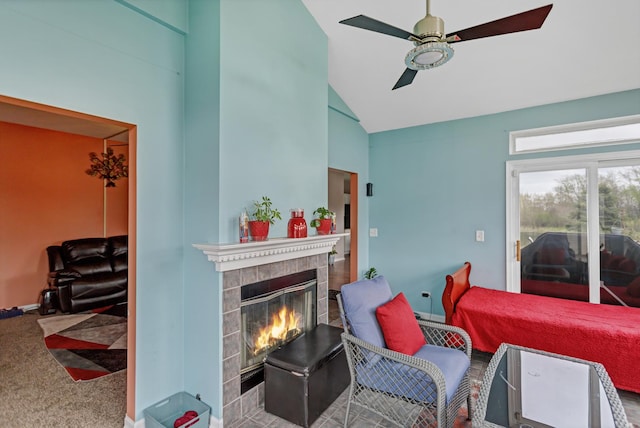 22600 W Reserve Cir, Plainfield, IL 60544 - carpeted living area featuring a tile fireplace, ceiling fan, and high vaulted ceiling
