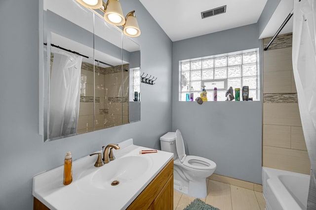 5567 W Gladys Ave, Chicago, IL 60644 - bathroom with vanity, shower / bath combination with curtain, and tile patterned floors