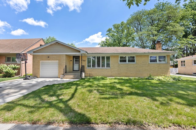 323 S Prindle Ave, Arlington Heights, IL 60004 - ranch-style home with brick siding, an attached garage, a chimney, driveway, and a front lawn