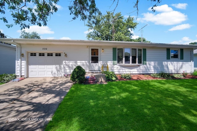 506 S 5th St, Malta, IL 60150 - ranch-style home featuring a garage, concrete driveway, and a front lawn