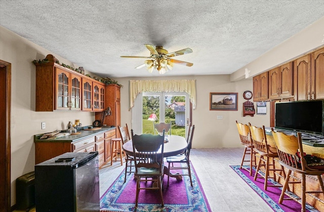 519 S 4th St, Fairbury, IL 61739 - dining area with a ceiling fan, bar area, and a textured ceiling