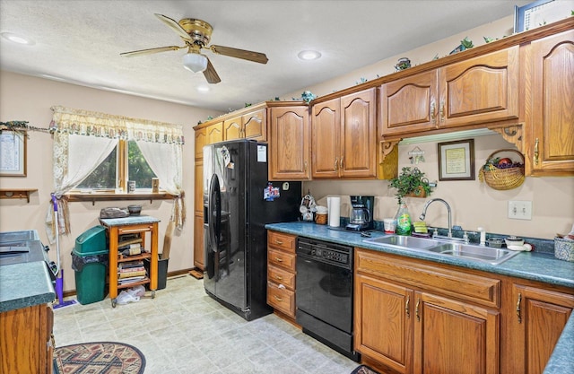 519 S 4th St, Fairbury, IL 61739 - kitchen featuring black appliances, ceiling fan, brown cabinets, dark countertops, and recessed lighting