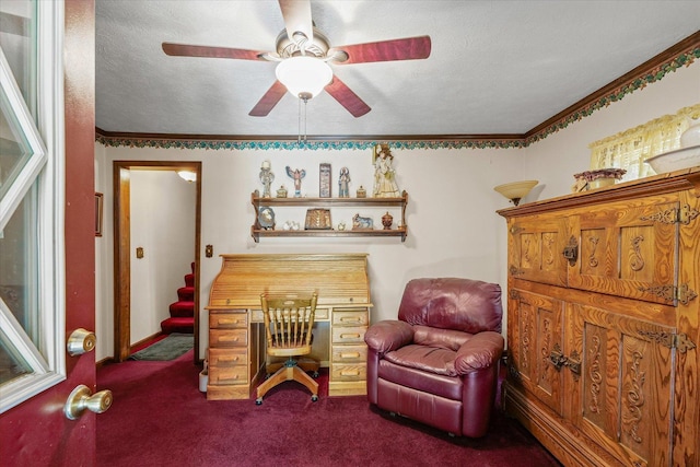 519 S 4th St, Fairbury, IL 61739 - office space with ceiling fan, carpet floors, crown molding, and a textured ceiling