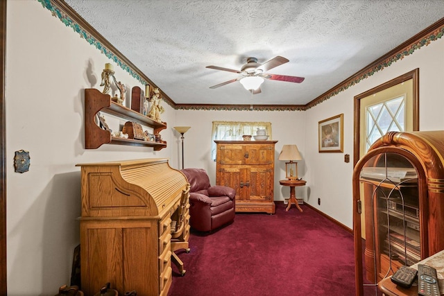 519 S 4th St, Fairbury, IL 61739 - sitting room featuring ceiling fan, a textured ceiling, dark carpet, and crown molding
