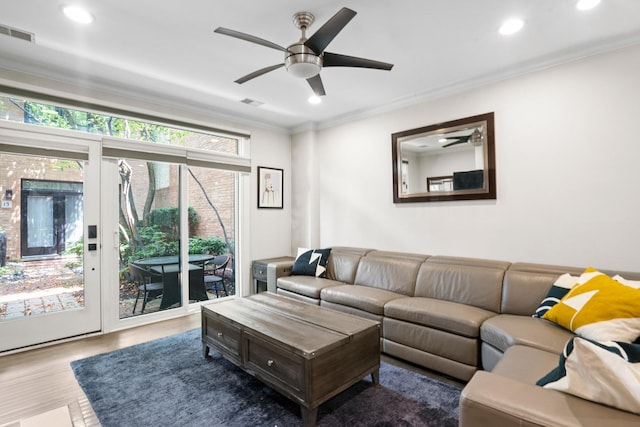 1801 W Diversey Pkwy Unit 36, Chicago, IL 60614 - living area with ornamental molding, wood finished floors, a ceiling fan, and recessed lighting