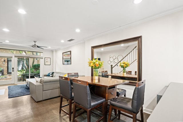 1801 W Diversey Pkwy Unit 36, Chicago, IL 60614 - dining space featuring recessed lighting, stairway, ornamental molding, dark wood finished floors, and a ceiling fan