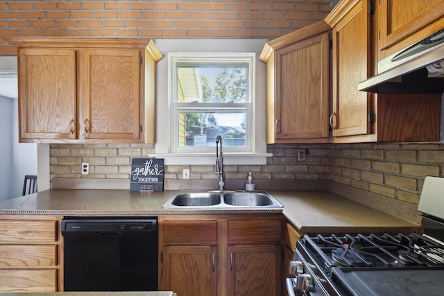 1304 E 4th St, Sterling, IL 61081 - kitchen with dishwasher, stainless steel gas range, under cabinet range hood, decorative backsplash, and brown cabinetry