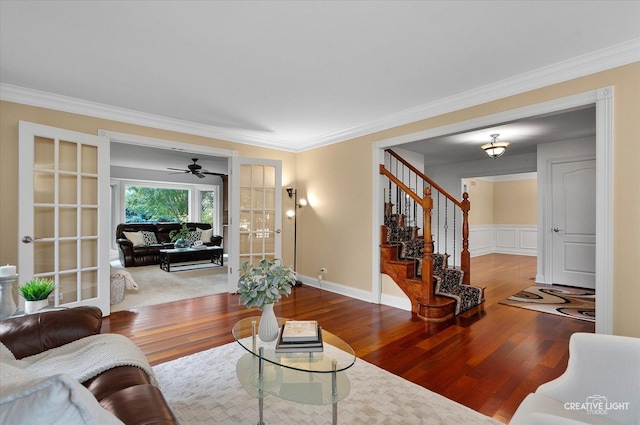 1112 Saratoga Ct, Naperville, IL 60564 - living room with wood finished floors, french doors, ornamental molding, and stairs