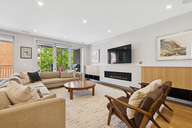 1825 N Halsted St Unit 2, Chicago, IL 60614 - living room with a warm lit fireplace, light wood-style floors, and recessed lighting