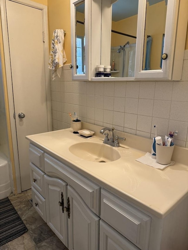 15970 New Ave, Lemont, IL 60439 - bathroom featuring tile walls, vanity, and tasteful backsplash