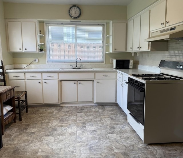 15970 New Ave, Lemont, IL 60439 - kitchen with range with gas stovetop, open shelves, under cabinet range hood, and light countertops
