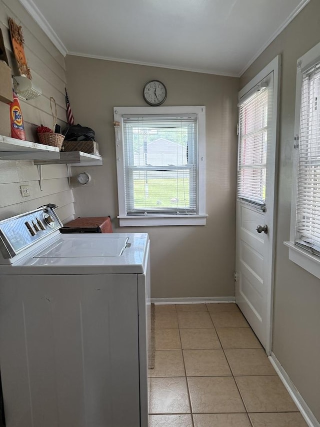 15970 New Ave, Lemont, IL 60439 - laundry area featuring washing machine and dryer, crown molding, and light tile patterned floors