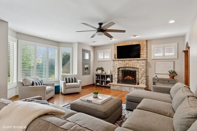 366 W Eggleston Ave, Elmhurst, IL 60126 - living area featuring a ceiling fan, a fireplace, wood finished floors, and recessed lighting