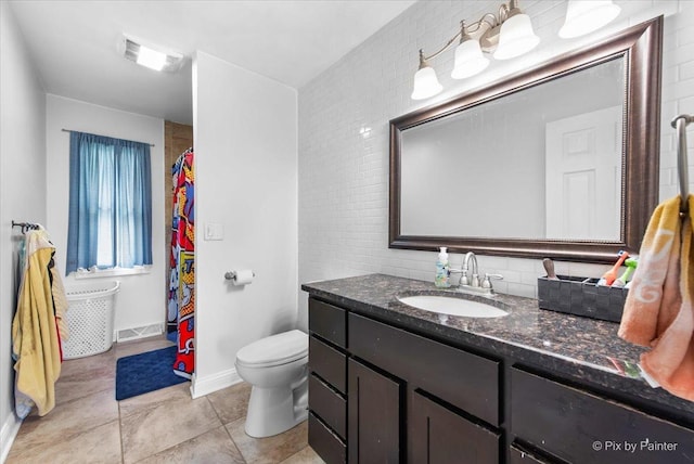 26 W Pine Ave, Cortland, IL 60112 - bathroom with vanity, tile patterned floors, decorative backsplash, and curtained shower
