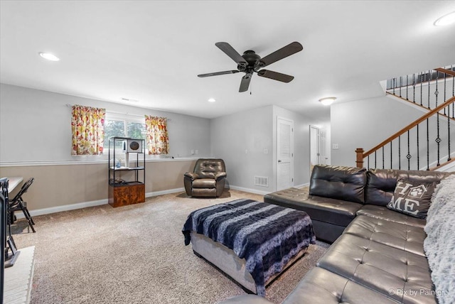 26 W Pine Ave, Cortland, IL 60112 - living area featuring a ceiling fan, carpet, stairway, and recessed lighting