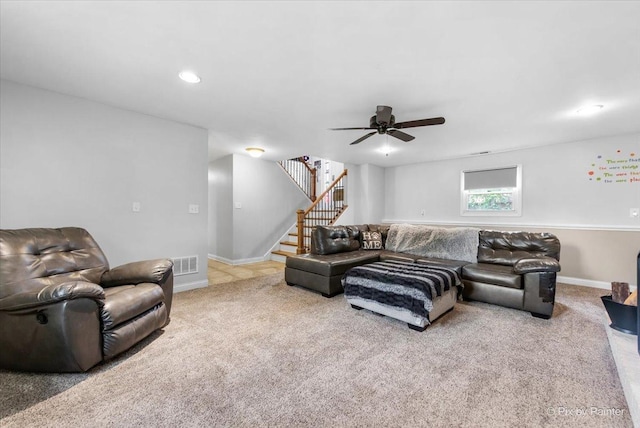 26 W Pine Ave, Cortland, IL 60112 - living area featuring carpet flooring, stairs, and ceiling fan