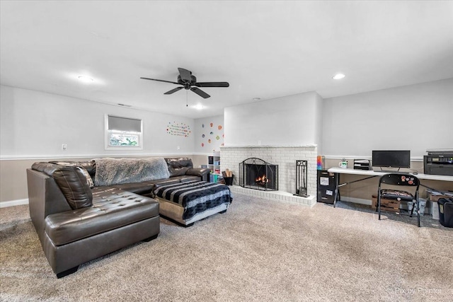 26 W Pine Ave, Cortland, IL 60112 - living room with carpet, ceiling fan, a brick fireplace, and recessed lighting