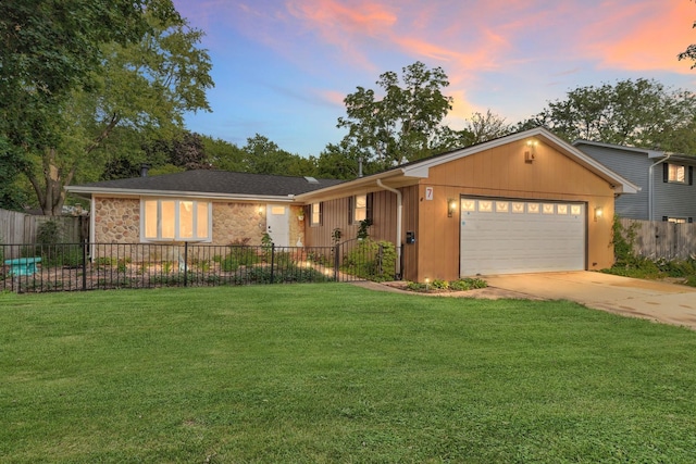 7 Walnut Dr, North Aurora, IL 60542 - ranch-style house with an attached garage, concrete driveway, and stone siding