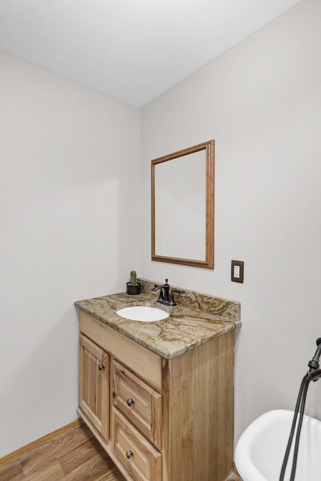 7 Walnut Dr, North Aurora, IL 60542 - bathroom with vanity, wood finished floors, and a freestanding tub