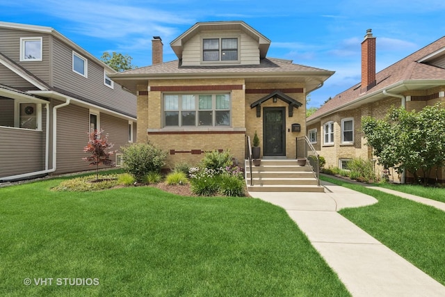 6848 N Oriole Ave, Chicago, IL 60631 - bungalow-style home featuring brick siding, a front yard, a chimney, and a shingled roof