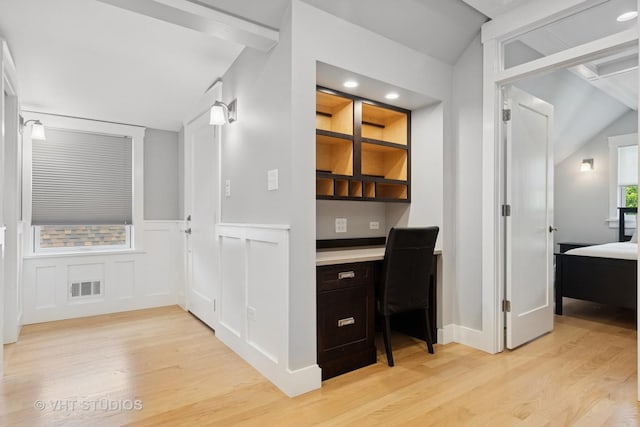 6848 N Oriole Ave, Chicago, IL 60631 - unfurnished office with light wood-style flooring, built in study area, wainscoting, and lofted ceiling