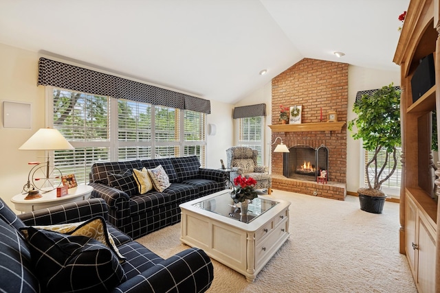 1219 N Lakeview Ct, Palatine, IL 60067 - living area with vaulted ceiling, a brick fireplace, and light colored carpet