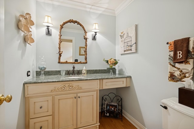 1219 N Lakeview Ct, Palatine, IL 60067 - bathroom with vanity, wood finished floors, and ornamental molding