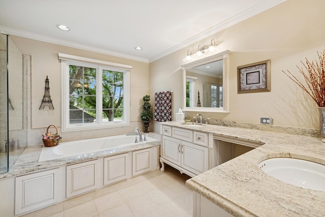 1219 N Lakeview Ct, Palatine, IL 60067 - full bathroom featuring vanity, a garden tub, crown molding, and recessed lighting