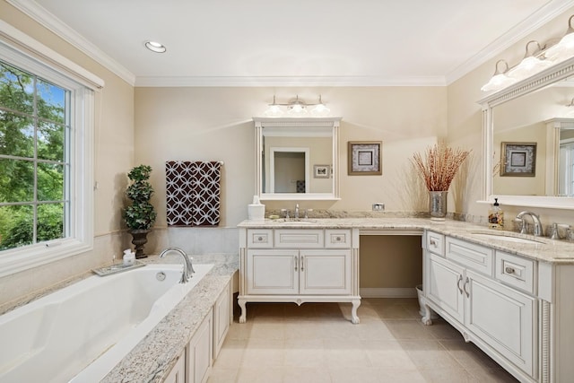1219 N Lakeview Ct, Palatine, IL 60067 - bathroom featuring plenty of natural light, vanity, a bath, tile patterned flooring, and crown molding