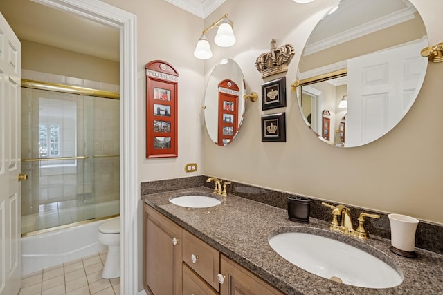 1219 N Lakeview Ct, Palatine, IL 60067 - full bath with double vanity, tile patterned floors, ornamental molding, and shower / bath combination with glass door